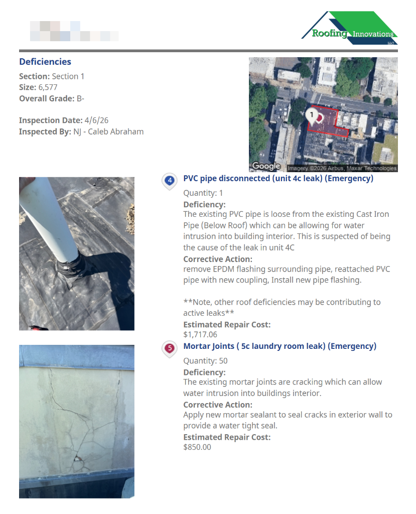 Sample roof assessment summary report