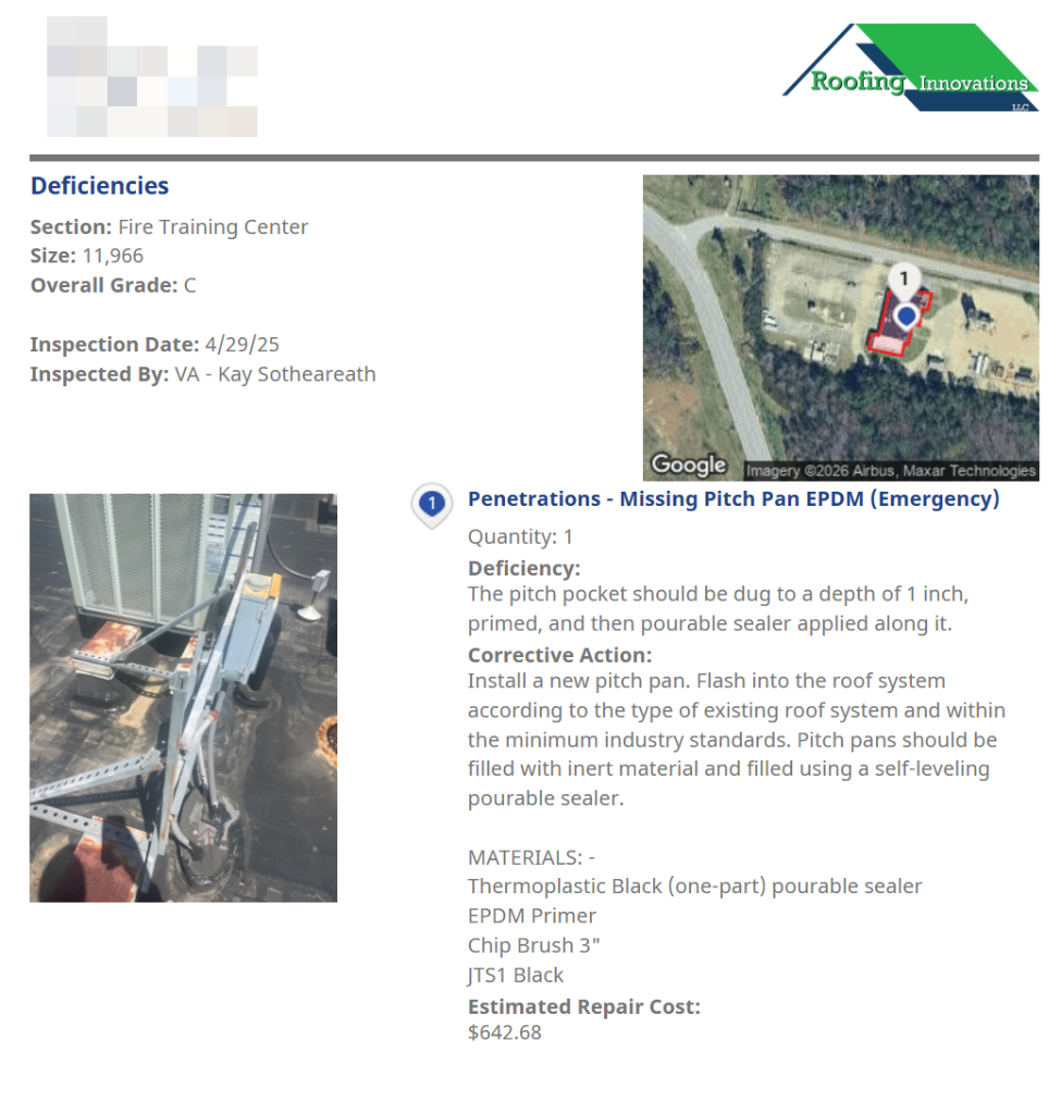 Sample Deficiency Report — Missing Pitch Pan EPDM (Emergency)
