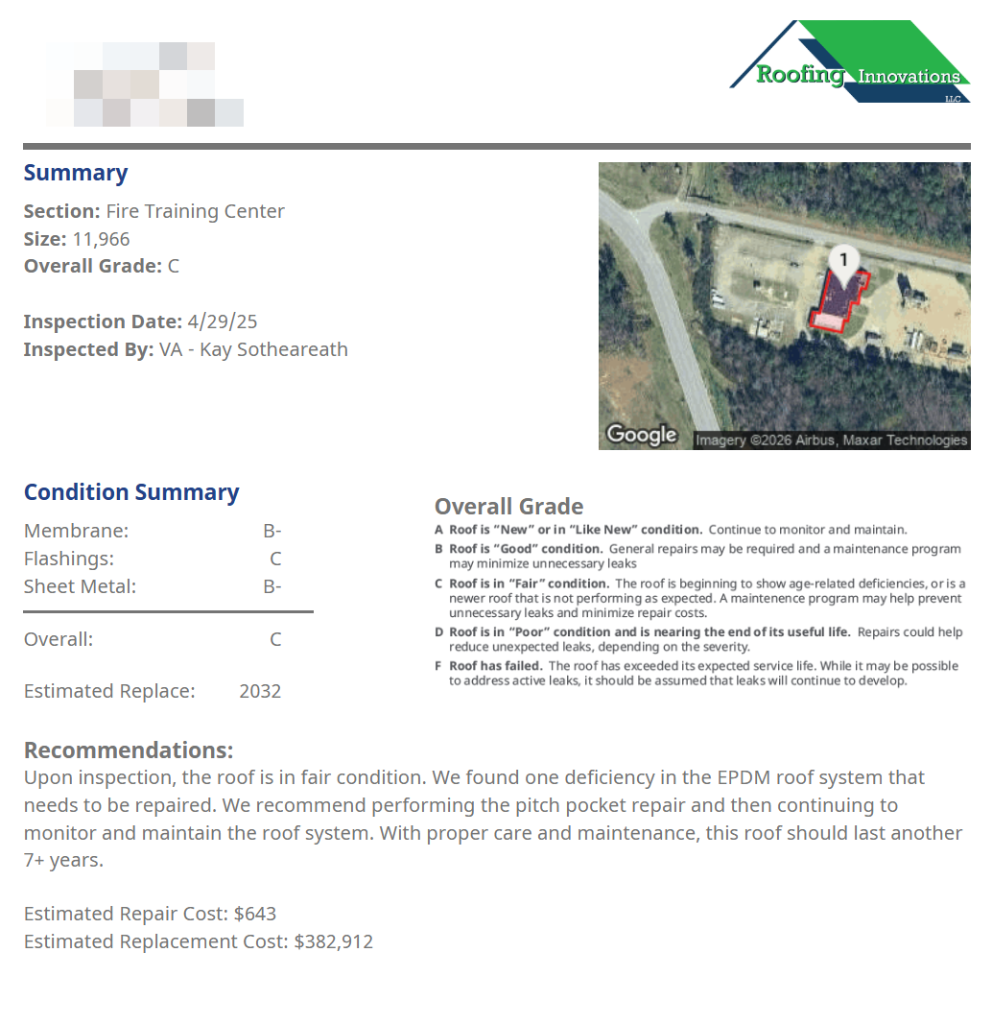 Sample Assessment Report — Section Summary (Fire Training Center)